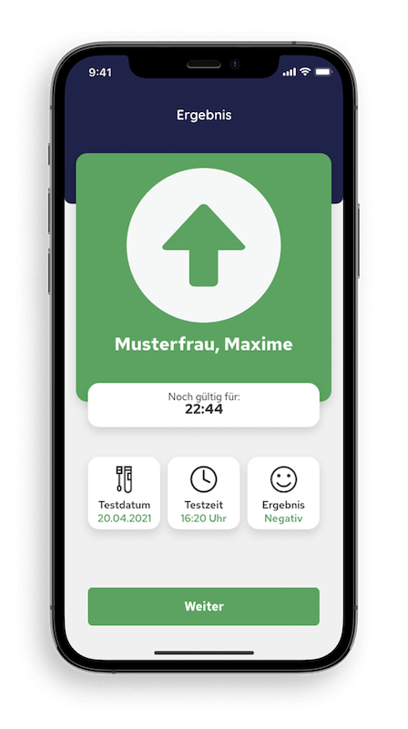Anzeige PassGo, Testergebnis, Einlasspunkt